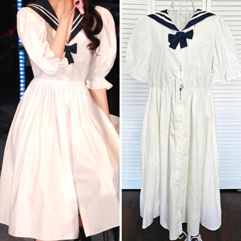 NWT Miu Inspired White & Navy Sailor Collar Nautical Midi Dress Removable Bowtie